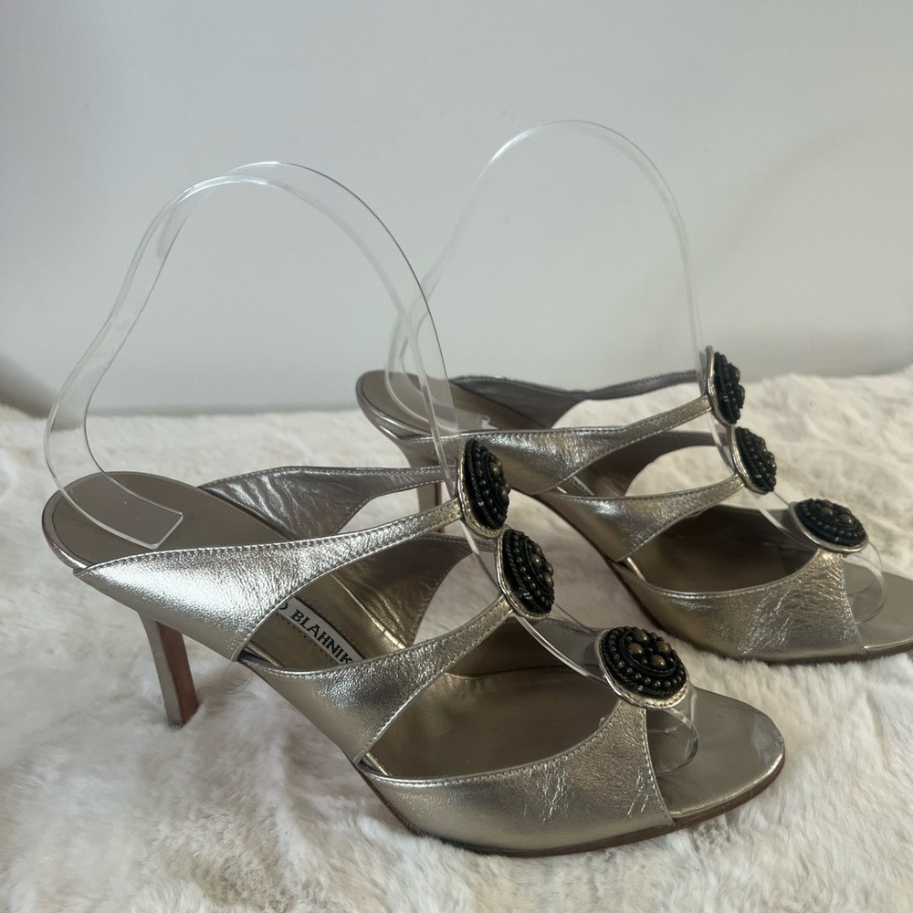 Manolo Blahnik Silver Black Heels with Intricate Straps Size 37 1/2